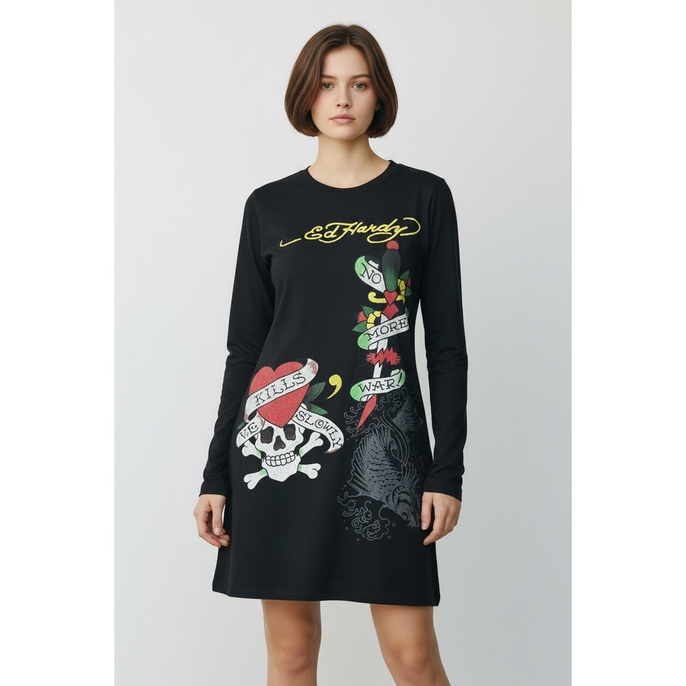 Ed Hardy T-Shirt Dress Medium Black Excellent Y2K Love Kills Slowly Graphic